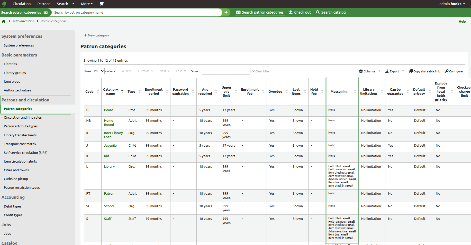 Patron Category Email Settings